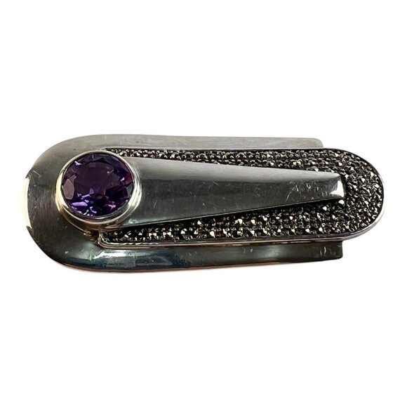 Art Deco Style Heirloom 73 Sterling Silver Amethyst Marcasite Unisex Lapel Pin - Picture 6 of 7